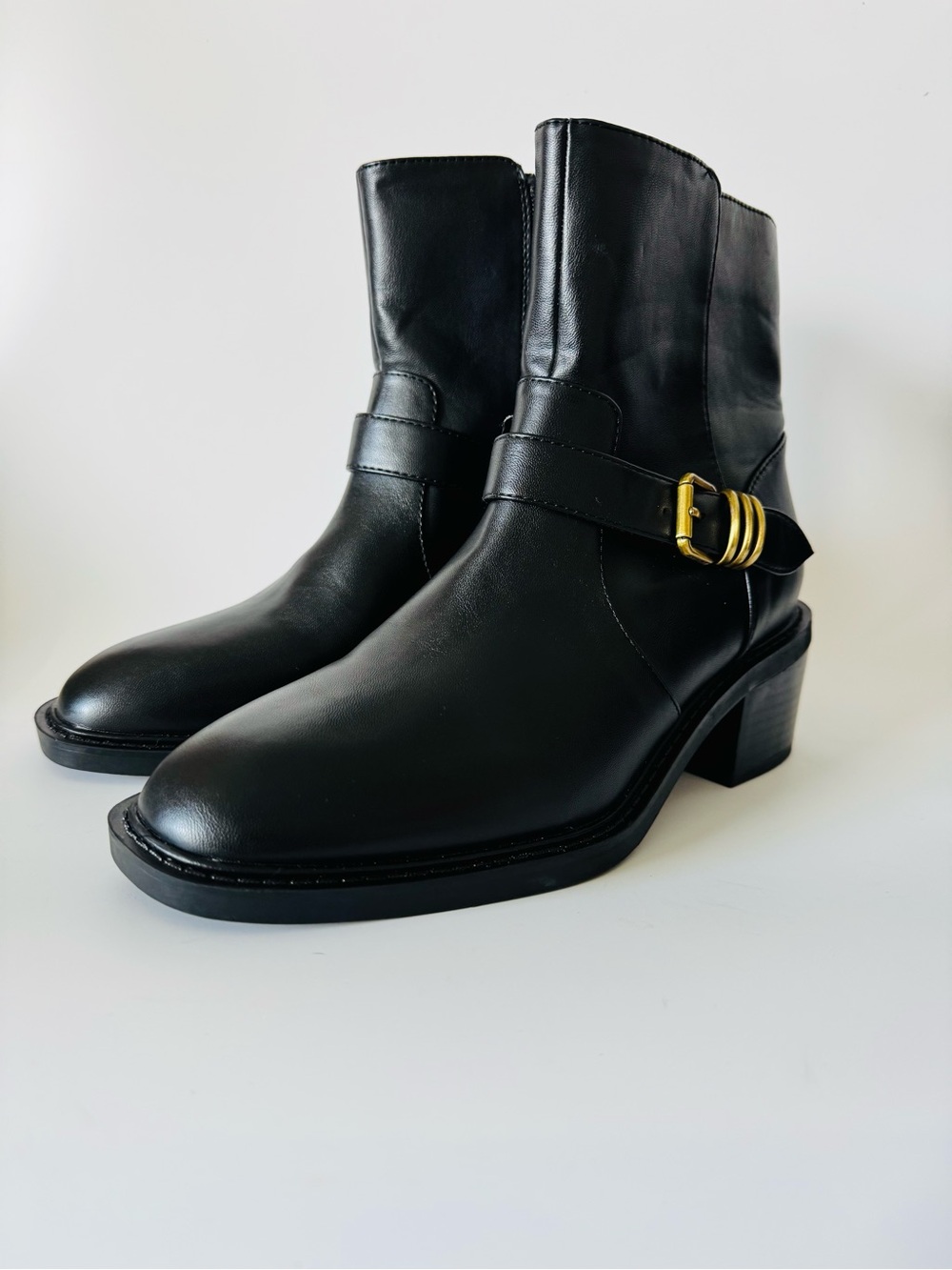 Anne Klein Black Leather Mid-Calf Boots with Gold Buckle